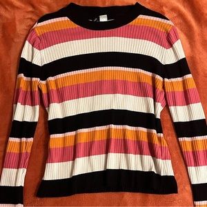 Pink, orange, white & black striped long sleeve.